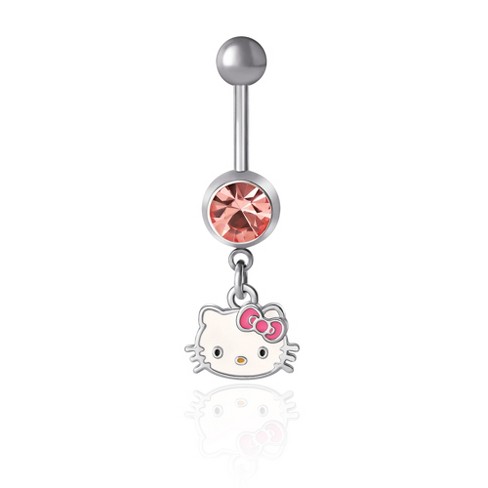 Sanrio Hello Kitty Authentic Officially Licensed Womens 14G Stainless Steel  Light Rose Crystal Belly Button Ring - Hello Kitty Face
