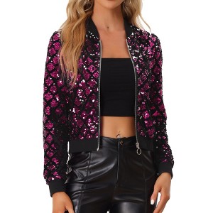 INSPIRE CHIC Women's Sequin Long Sleeve Zipper Up Glitter Bomber Jacket - 1 of 4