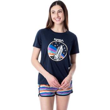 NASA Womens' Retro Stripes Rocket Sleep Pajama Set Shorts Crewneck Multicolored