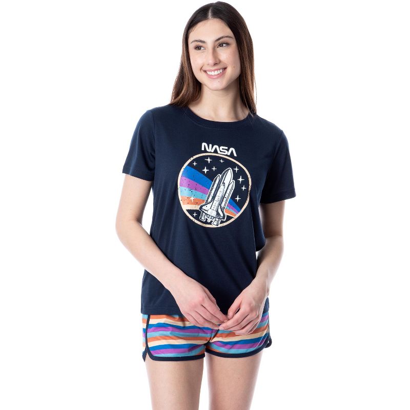 NASA Womens' Retro Stripes Rocket Sleep Pajama Set Shorts Crewneck Multicolored, 1 of 5