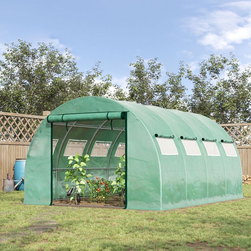 Outsunny Walk-in Tunnel Greenhouse with 2 Zippered Mesh Doors Upgraded Hot House, Green, 13' x 10' x 6.5', 4 of 8