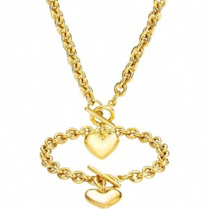 Heart Chain Necklace Bracelet Set for Women, Stainless Steel Toggle Charm - 1 of 4