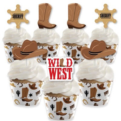 Big Dot of Happiness Western Hoedown - Cupcake Decoration - Wild West Cowboy Party Cupcake Wrappers and Treat Picks Kit - Set of 24