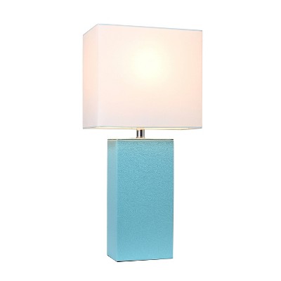 Aqua Leather Table Lamp with White Fabric Shade