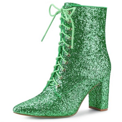 Allegra K Women's Glitter Lace-Up Pointed Toe Block Heel Ankle Boots
