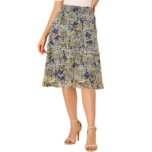 Allegra K Women's Chiffon Elastic Waist Ruffle Tiered Flowy Midi Printed  Skirts : Target