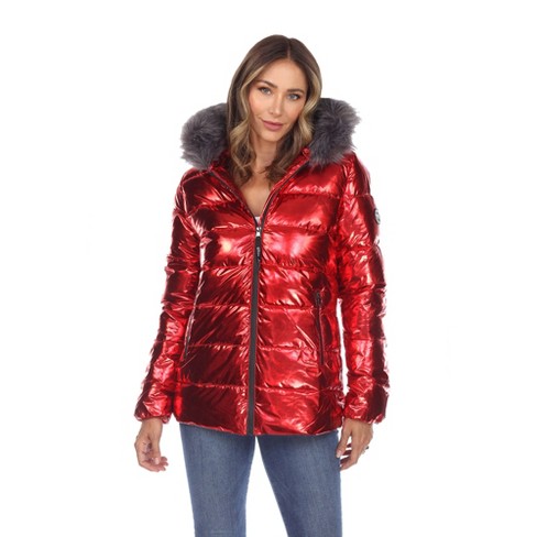 Red shiny coat with cheap fur hood