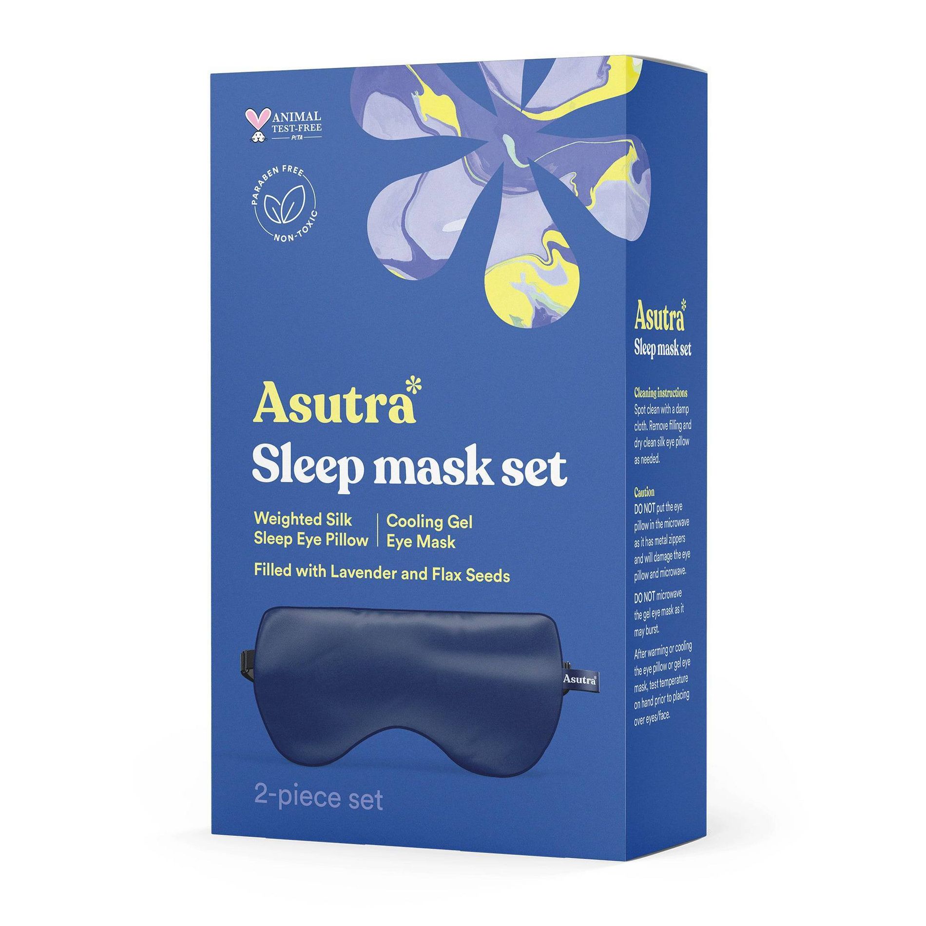Asutra Natural Sleep Mask Set with Weighted Lavender Silk Eye Pillow & Cooling Gel Mask Navy Eye Masks - 2pc