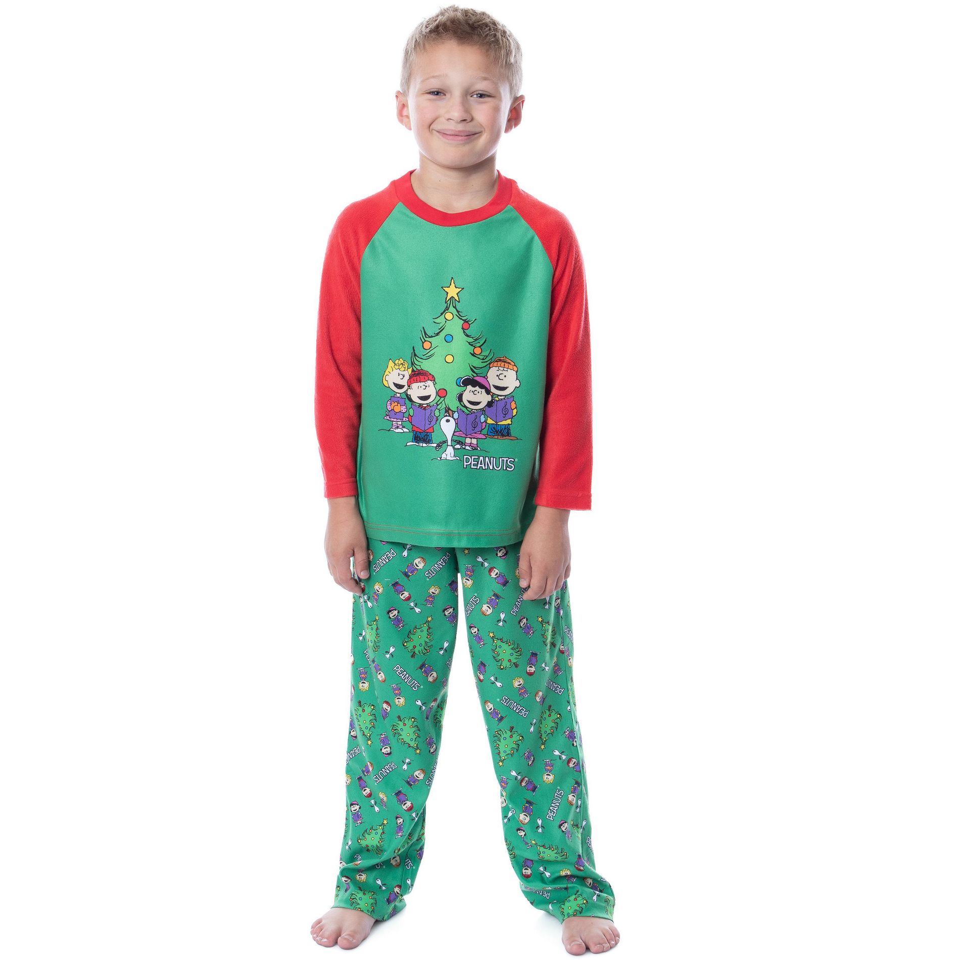 Intimo Peanuts Boys' Christmas Holiday Season Sing Along Sleep Pajama Set (14/16) Green