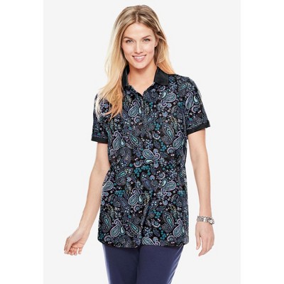 Woman Within Plus Size Perfect Printed Short-Sleeve Polo Shirt
