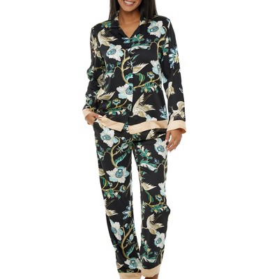 ADR Women's Pajamas Lounge Set, Long Sleeve Top and Pants with Pockets, Viscose Pjs Floral Flowers