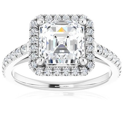 Pompeii3 2 1/2Ct Asscher Cut Moissanite & Diamond Halo Engagement Ring in 10k Gold
