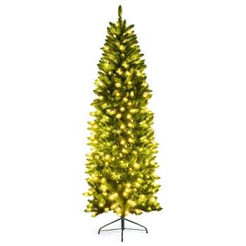 Costway 7Ft Pre-lit Artificial Pencil Christmas Tree Hinged Fir PVC Tree /350 LED Lights