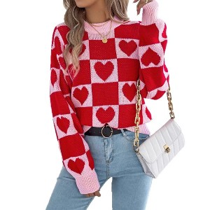 Coolmee Women's Checkered Holiday Sweater Cute Plaid Print Crewneck Sweatshirt Knit Puff Sleeve Chunky Jumpers - 1 of 4
