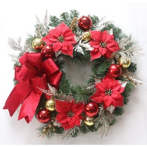 24"Outdoor Christmas Wreaths with Lights,Battery Operated Xmas Wreath with Red Gold Ball Ornaments Bow & 20 LED Lights for Home Holiday Decor - 1 of 4