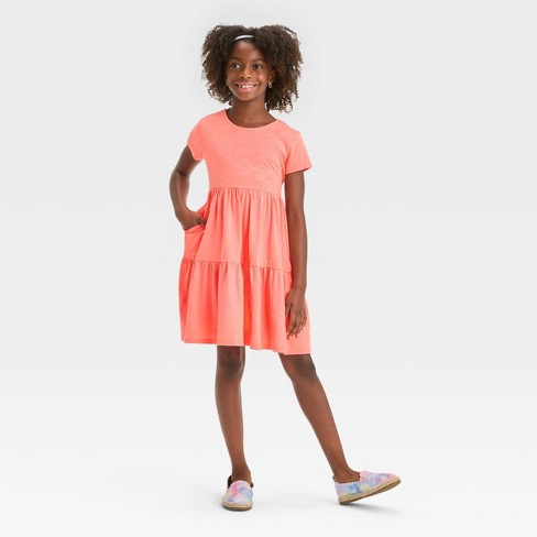 Girls' Short Sleeve Open Back Tiered Knit Dress - Cat & Jack™ Peach Orange  XXL Plus