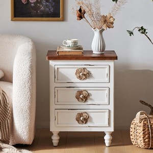 CAVINAS 19" Farmhouse Nightstand with Floral Knobs,Rustic Bedside Table with 3 Drawers & Gourd Legs for Bedroom - 1 of 4