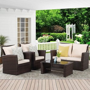 4 Piece Outdoor Patio Furniture Sets, Wicker Conversation Set for Porch Deck - 1 of 1
