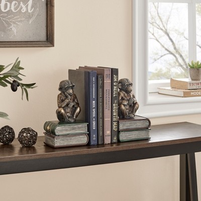 Antique Patina Finish Monkey Bookends with Resin Base