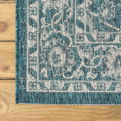 Teal & Gray Vine Border 5' Round Synthetic Outdoor Rug