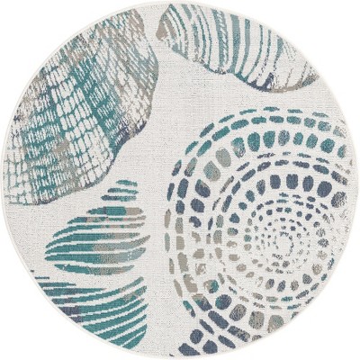 Coastal Abstract Ivory 4 Ft Round Synthetic Outdoor Rug