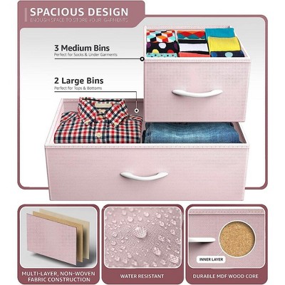 Pastel Pink 5-Drawer Fabric Storage Dresser with Steel Frame