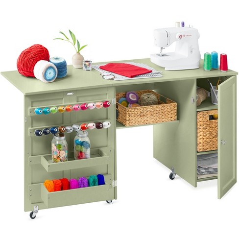 Costway White Folding Sewing Craft Table with Storage Shelves Cabinet  Lockable Wheels 