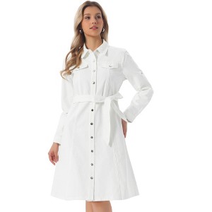INSPIRE CHIC Women's Denim Button Down Long Sleeve Belted Classic Midi Shirt Dress X-Small White