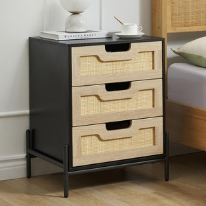 Whizmax Rattan Nightstand - 3-Drawer Bedside Table with Wood Legs, Farmhouse End Table for Bedroom, Living Room & Entryway - 1 of 4
