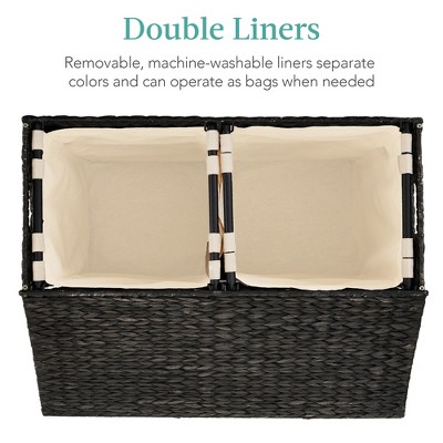 Large Black Handwoven Water Hyacinth Double Laundry Hamper