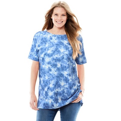 Woman Within Plus Size Perfect Printed Short-Sleeve Boatneck Tunic