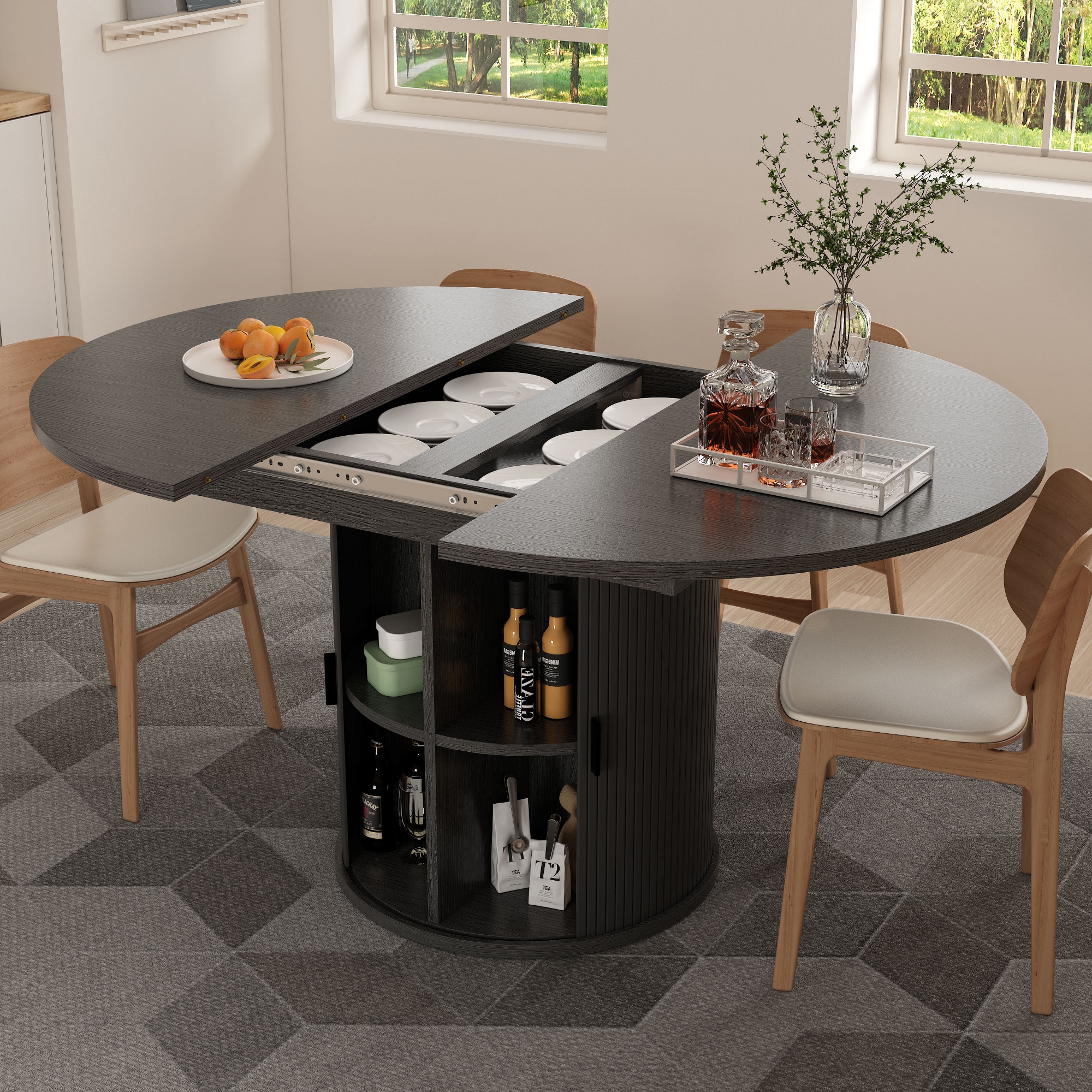 Vipbear Extendable Dining Table 43-59" for 4-6 People, Solid Wood Top with Fluted Slide Door & 8-Compartment Storage & Pedestal Base,Space Saving