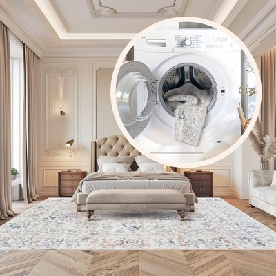 Everlee Blue and Beige Washable Synthetic 9' x 12' Area Rug