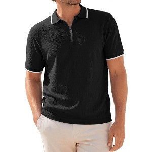 INSPIRE CHIC Men's Short Sleeve Zip Collar Jacquard Textured Golf