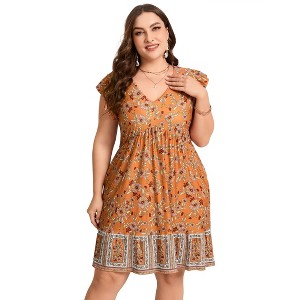 Plus Size Women's Flutter Sleeve High Waist Peplum Babydoll Knee Length Dress - 1 of 4