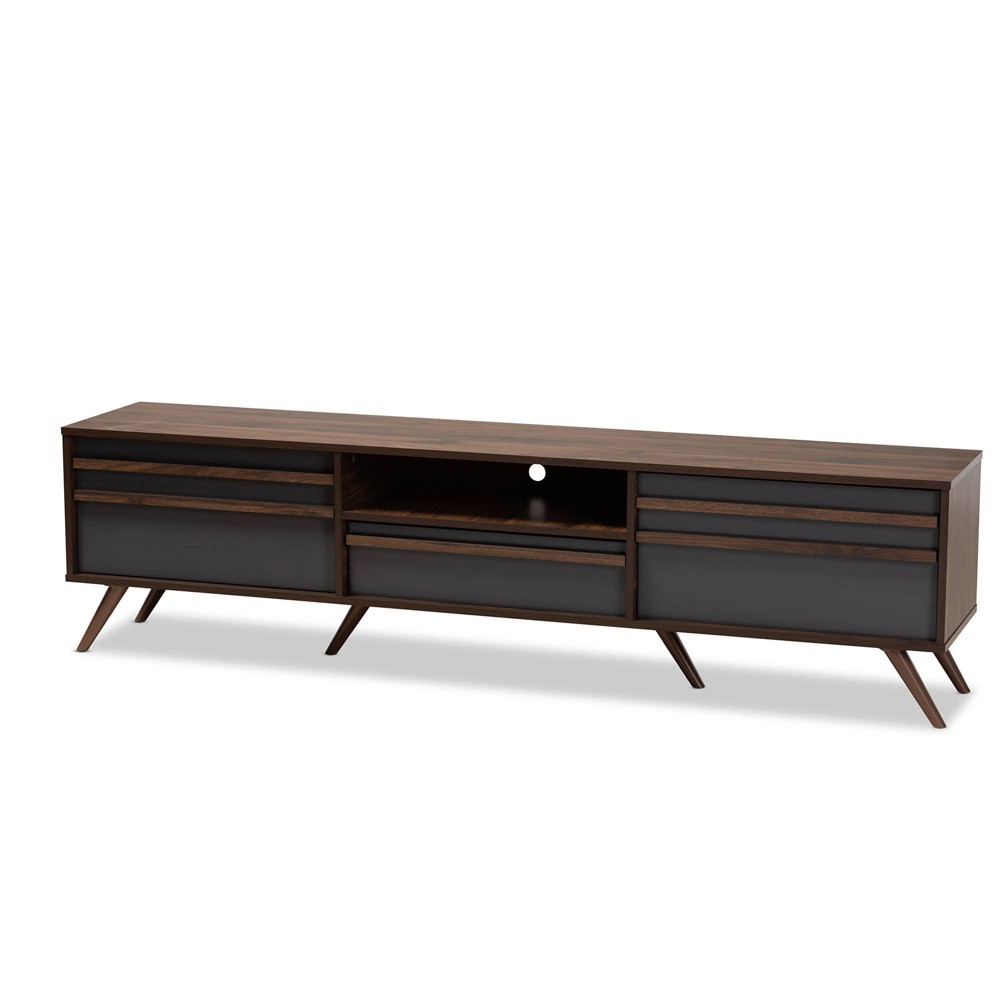 Naoki Wood TV Stand for TVs up to 75" Gray/Walnut - Baxton Studio: Modern Media Console with Storage & Cord Management