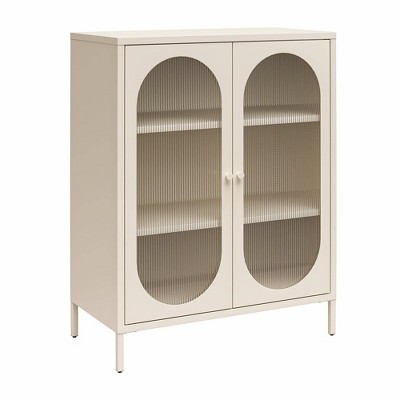 Parchment Metal Accent Cabinet with Fluted Glass Doors