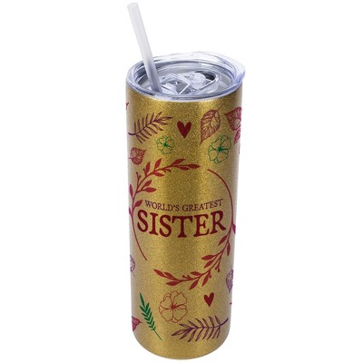 Elanze Designs Floral Vegas Gold 20 Ounce Double Wall Stainless Steel Glitter Travel Tumbler With Sliding Lid And Straw, World's Greatest Sister