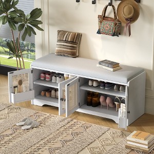 KWPZQEB Shoe Bench with Storage, Wood Storage Organizer with Removable Cushion & Rattan Doors, Rustic Shoe Bench for Hallway, Living Room - 1 of 4