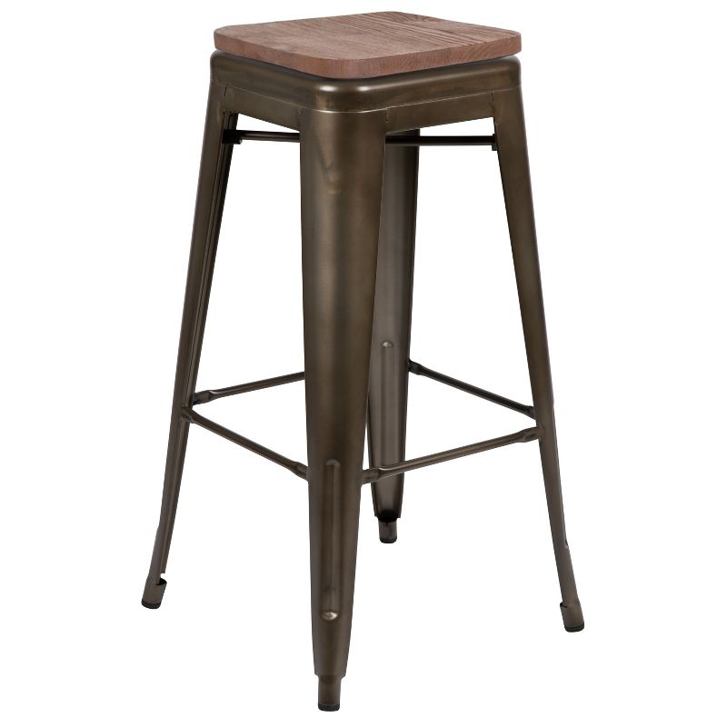 Merrick Lane Set of Four Metal Backless Wood Square Seat Bar Stools With Cross Braces, 6 of 19