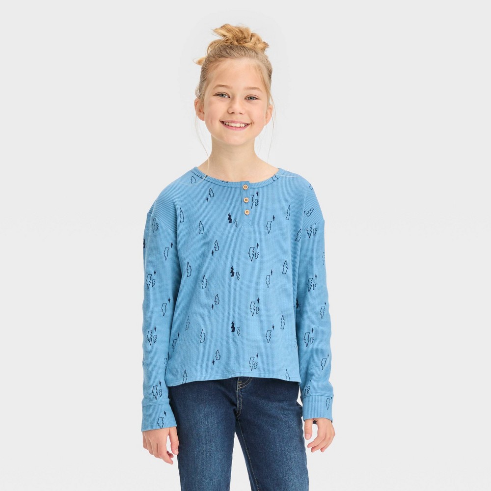 Size M Girls' Long Sleeve Henley Waffle Top - Cat & Jack™ Dusty Blue 