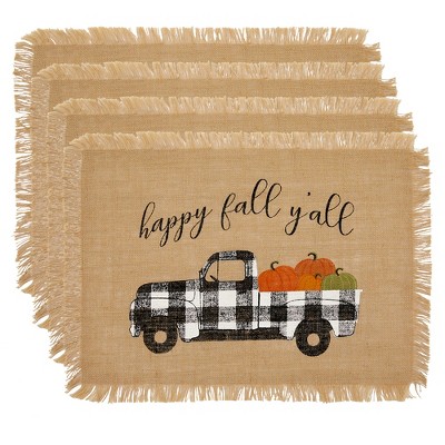 Happy Fall Y'all Farmhouse Burlap Placemat, Set of 4 - 13" x 19" - Elrene Home Fashions