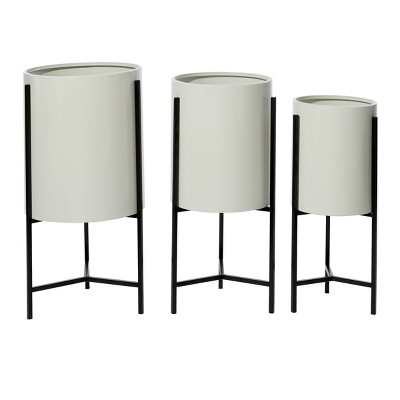 Set of 3 Modern Iron Drum Planters with Stand White/Black - Olivia & May