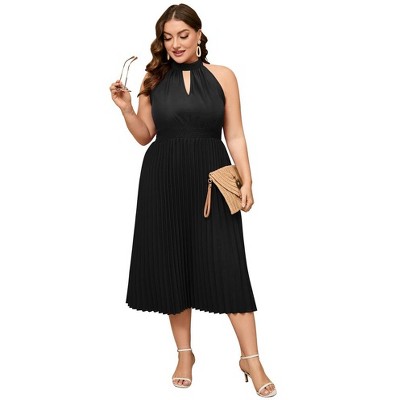 Women's Plus Size Halter Neck Sleeveless Pleated Midi Dress Summer Backless Flowy Beach Sundress Black 3XL