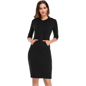 Women's Casual Long Sweatshirts 3/4 Sleeve Hooded Bodycon Dress with Kangaroo Pocket - 1 of 4
