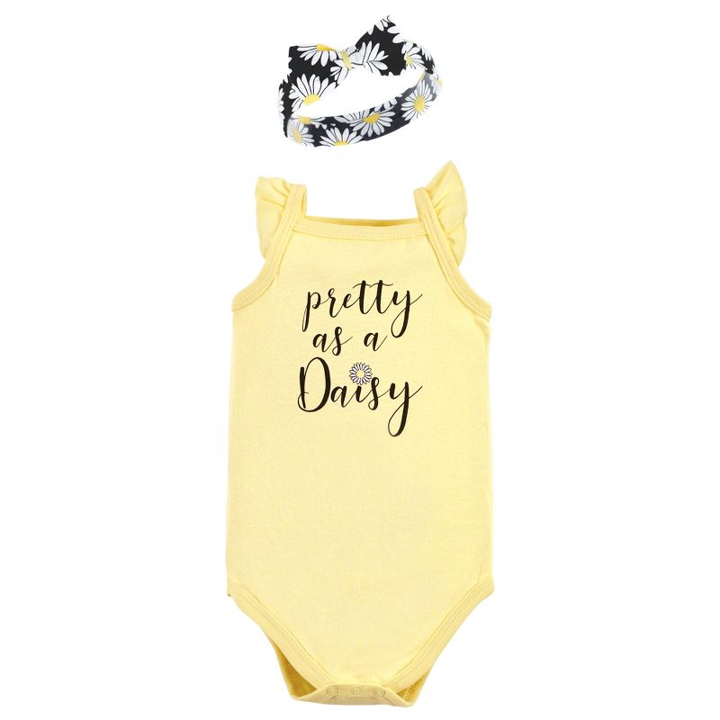 Hudson Baby Infant Girl Sleeveless Bodysuit and Headband Set, Black Daisy, 4 of 7