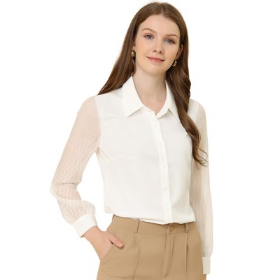 Allegra K Women's Button Down Sheer Sleeve Point Collar Work Tops