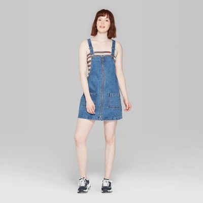 Women s Sleeveless Zip Front Denim Pinafore Mini Dress Wild