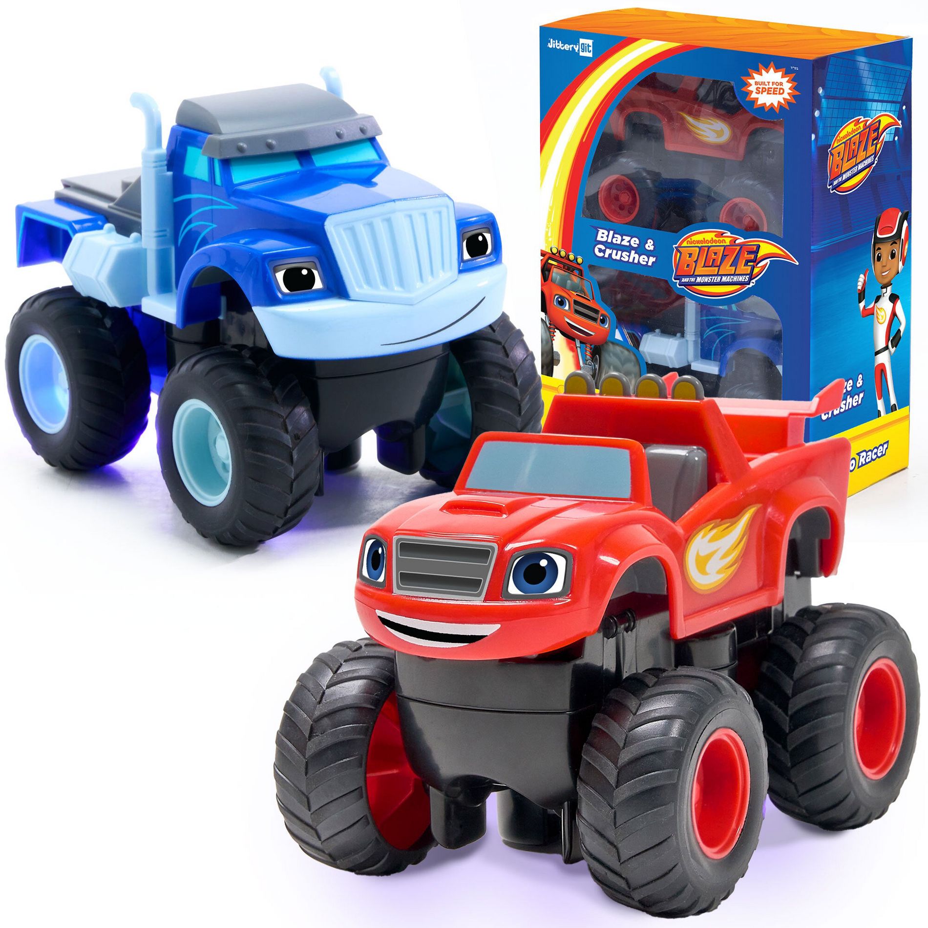 JitteryGit Blaze & Crusher Turbo Racers Rechargeable Monster Truck Toy Vehicles - 2pk