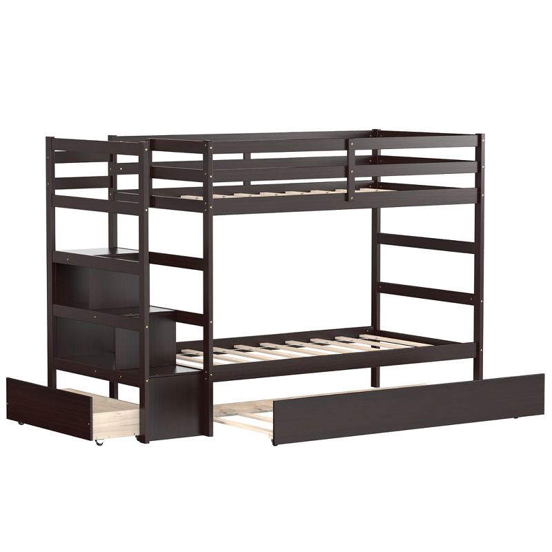 Costway Twin Over Twin Bunk Bed with Trundle Stairway and Storage Shelf Drawer White\Espresso\Grey, 2 of 10